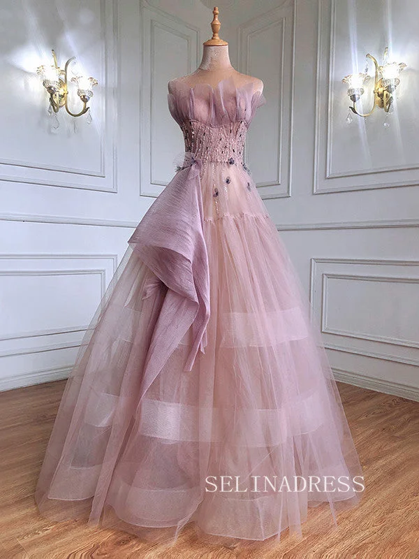 A-line Strapless Pink Prom Dress luxury Long Evening Formal Gown hlks009