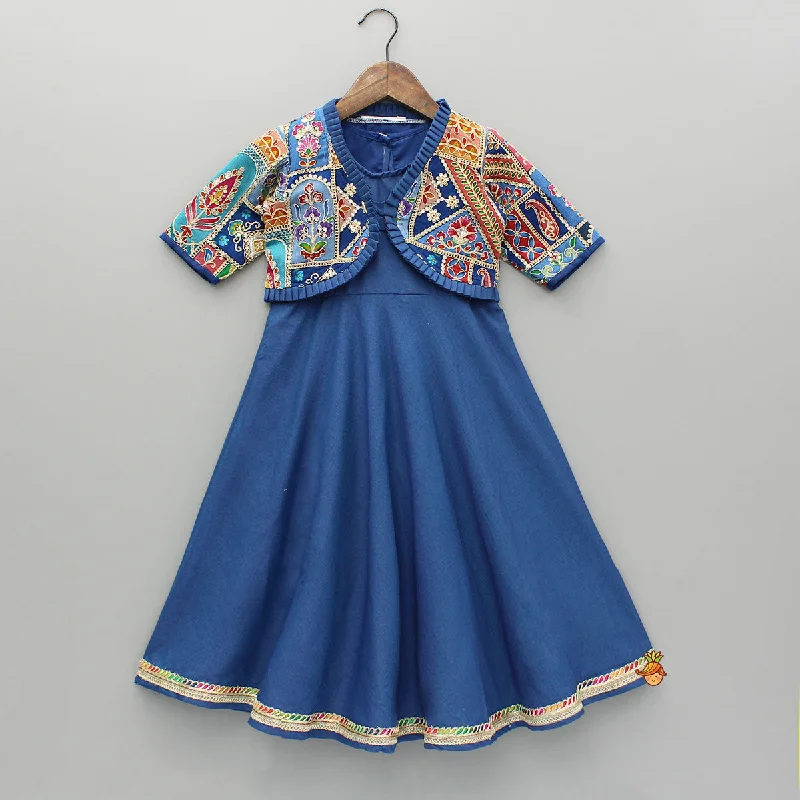 Pre Order: Blue Flared Kurti With Multicoloured Embroidered Jacket One-Shoulder Jacket Off-the-Shoulder Jacket Asymmetrical Jacket Pre Order: Blue Flared Kurti With Multicoloured Embroidered Jacket One-Shoulder Jacket Off-the-Shoulder Jacket Asymmetrical Jacket