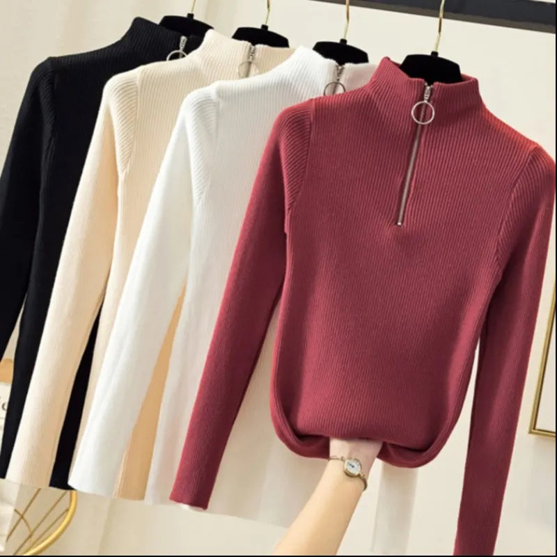 Knitted Women Zipper Half High Neck Sweater Pullovers Autumn Winter Basic Women Sweaters Slim Solid Knitwear Pull Femme Tops High Neck Pullover