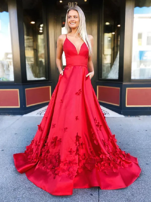 Chic A-line Spaghetti Straps Red Prom Dress Long Applique V-neck Satin Evening Dress JKW219 Chic A-line Spaghetti Straps Red Prom Dress Long Applique V-neck Satin Evening Dress JKW219
