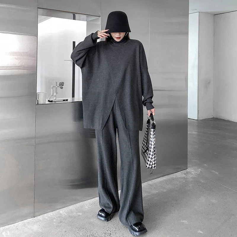 Fashion Turtleneck Sweaters and Wide Legs Pants Suits Seamless Knitted Crochet