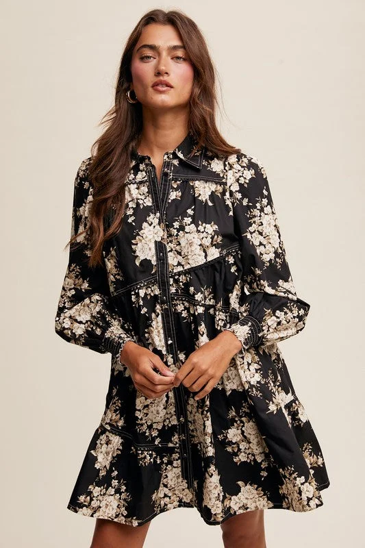 Listicle Floral Print Tiered Dress in Black