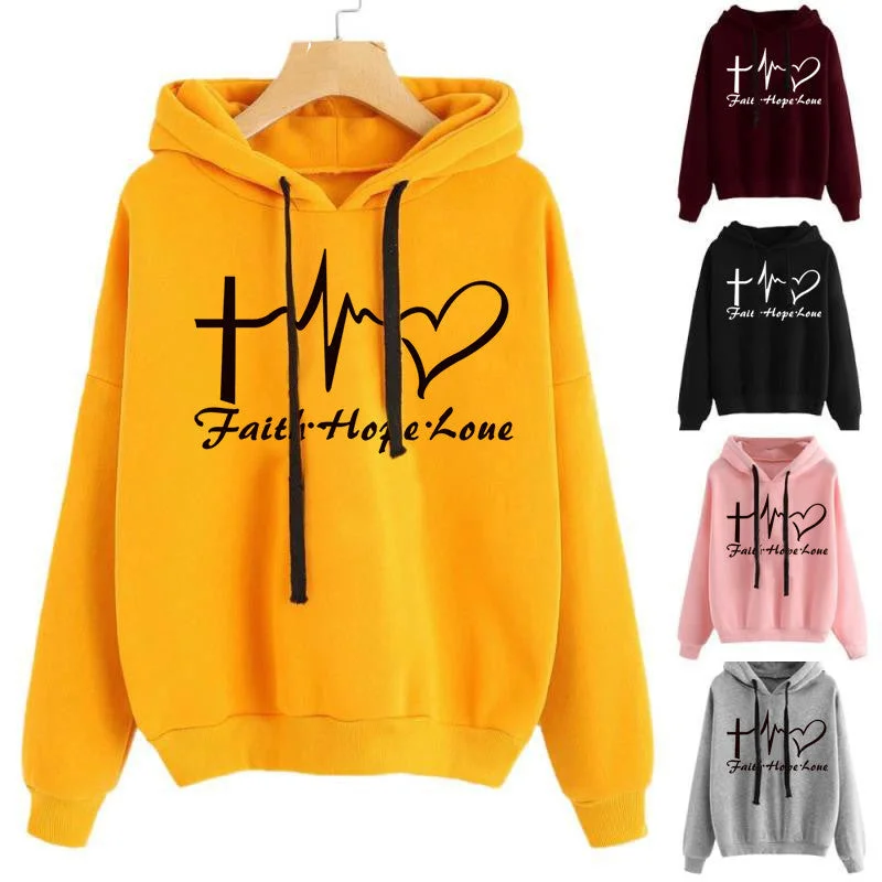 Heart Print Hoodie Sweatshirt Pullover Tops Women Long Sleeve Sports Clothes Angora Wool Cozy