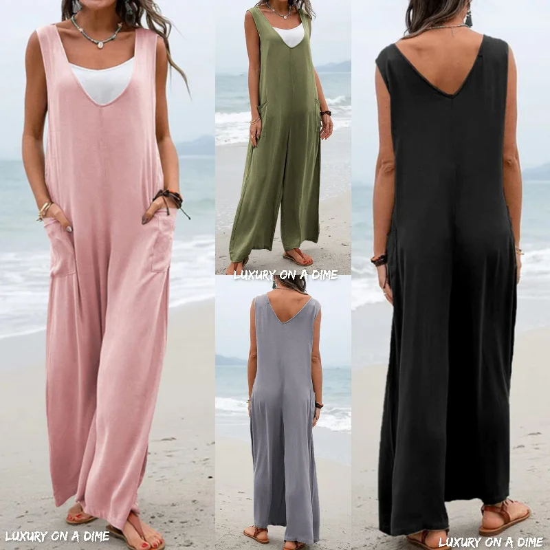 Oversized Sleeveless patch pocket fashion jumpsuit V-neck overalls wide-leg trousers Skinny Trousers Denim Stretchy