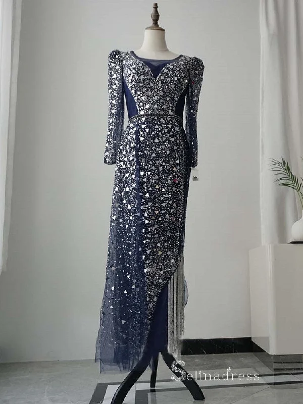 luxury Sheath/Column Square Neck Long Sleeve Beaded Prom Dress Evening Dress MLH0471