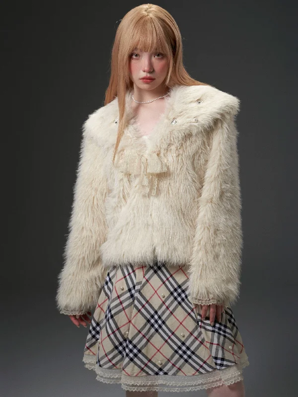 Lace Bow Large Lapel Fur Jacket Herringbone Jacket Houndstooth Jacket Plaid Jacket