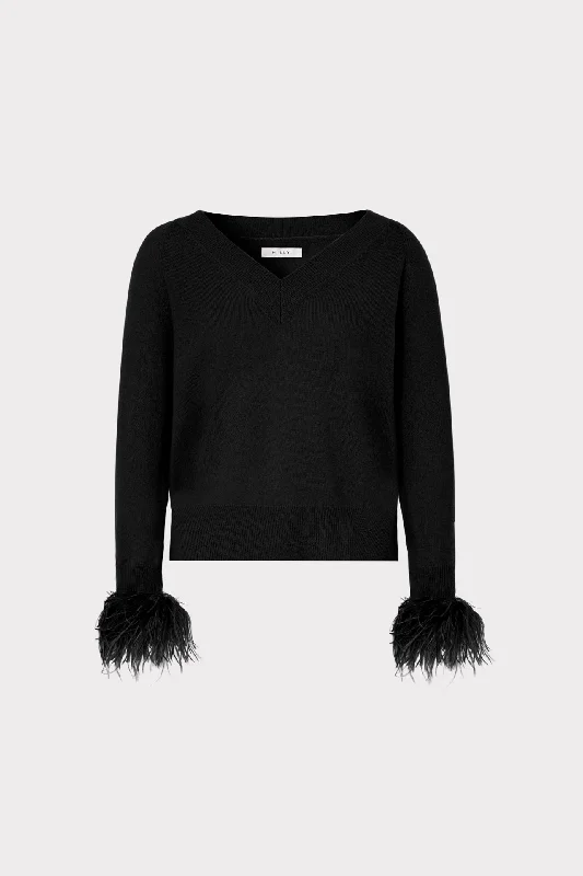 Feather Cuff V-Neck Sweater Black - MILLY Zippered Front Buttoned Front Snap Front