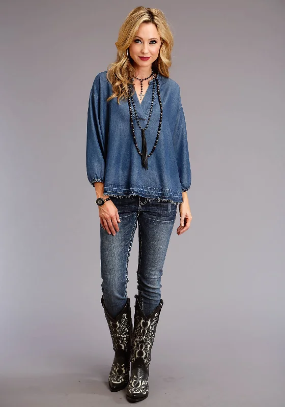 Women's Stetson Denim Pullover Blouse Set Sleeve Pullover