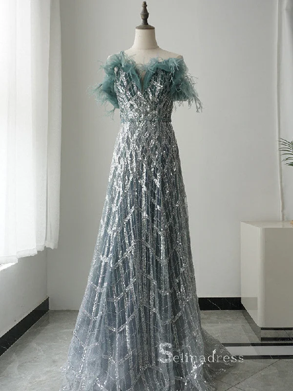A-line Off-the-shoulder Luxury Sparkly Long Prom Dresses Modest Evening Dresses ASB014