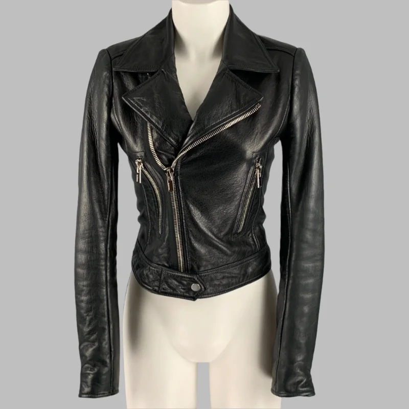 BALENCIAGA Size 4 Black Leather Lamb Skin Motorcycle Jacket Denim Fabric Leather Fabric Suede Fabric
