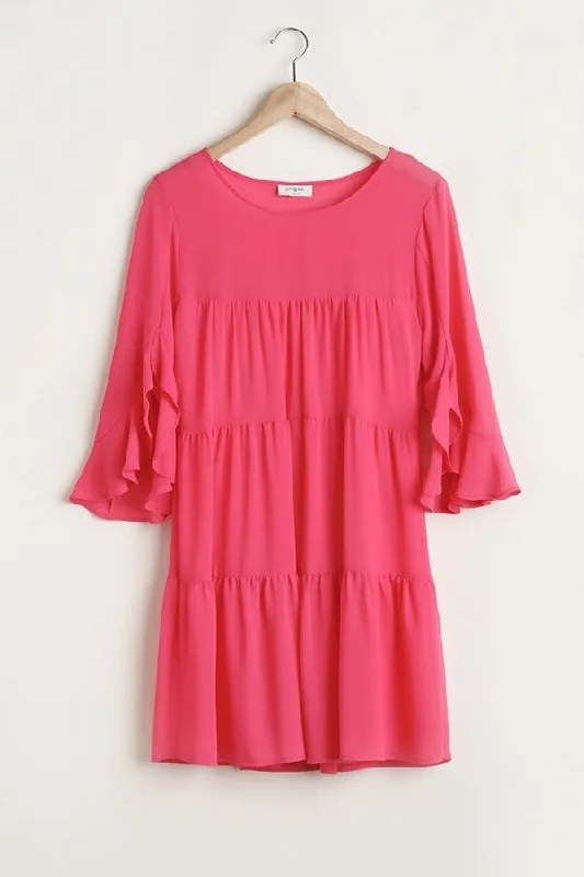 Umgee Tiered Hot Pink Dress with Ruffled Sleeves