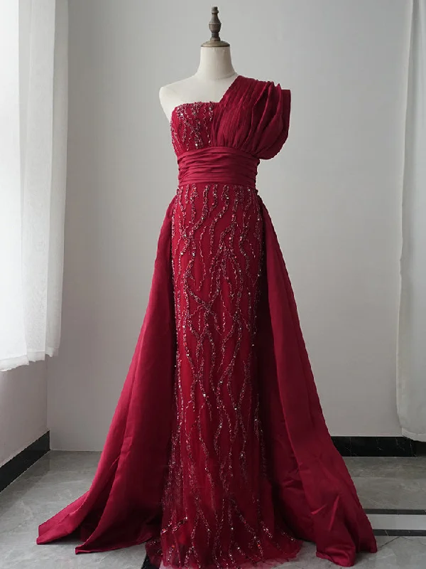 One Shoulder Noble Luxury Detachable Trailing Tail Long Prom Dress Beaded Evening Gowns GKF001