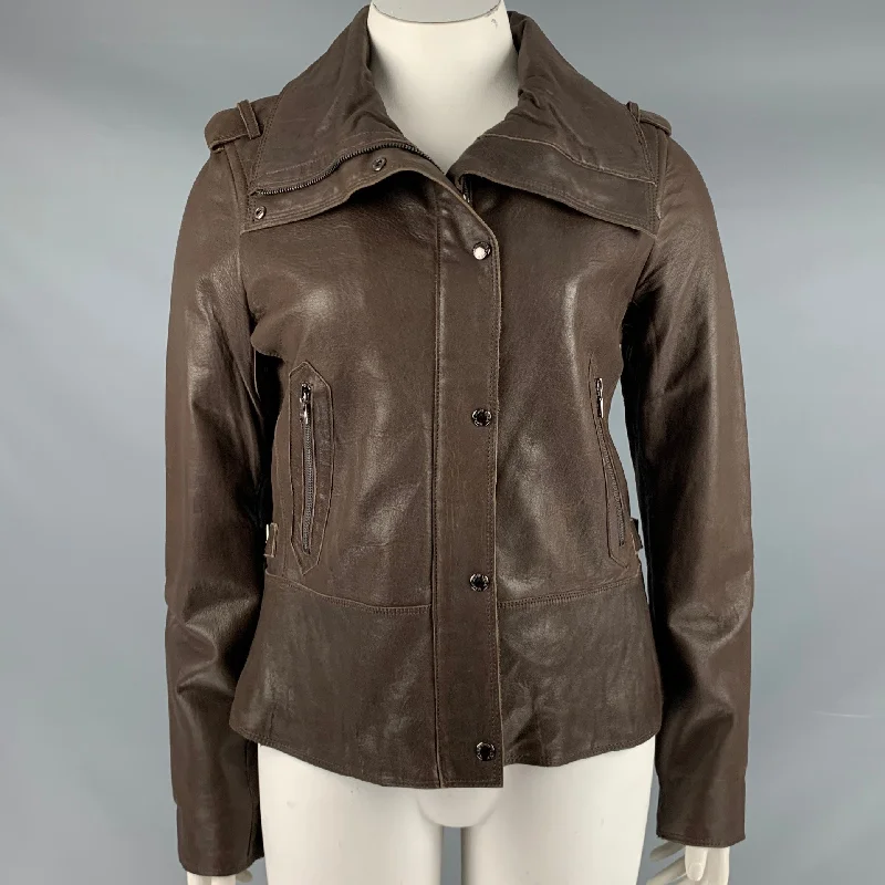 ANDREW MARC Size L Cocoa Brown Leather Zip Snaps Jacket Fitted Jacket Loose Jacket Oversized Jacket