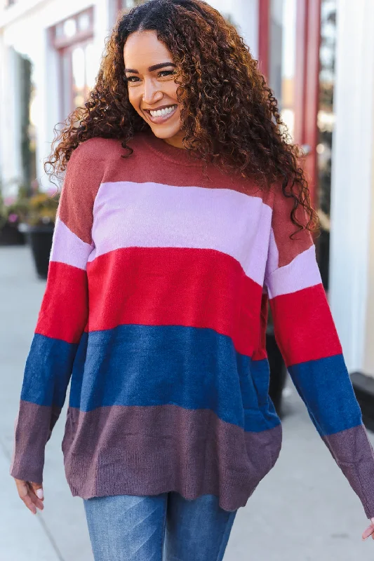Lock Eyes Lilac Multi-Stripe Ribbed Knit Sweater Pullover Tight Sleeve Top