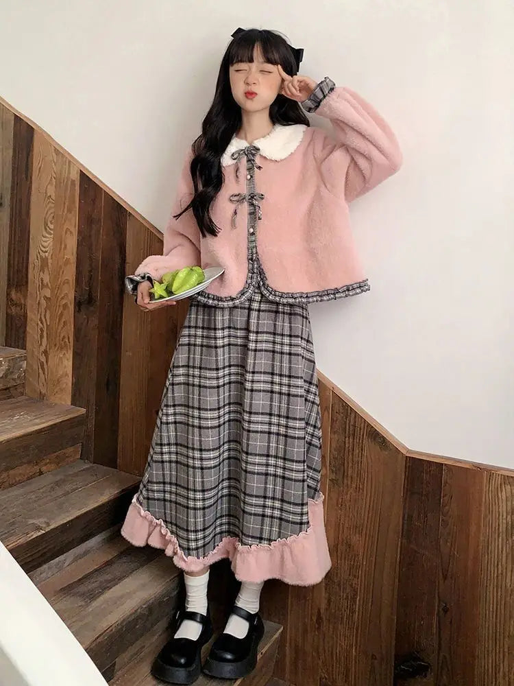 Bonnyshow Skirts And Jackets Women Vintage Plaid Kawaii Elegant Party Female Bow Korean Dress Autumn Winter Two Piece Set Nylon Jacket Polyester Jacket Spandex Jacket