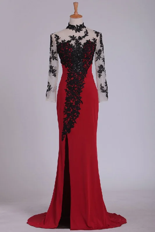 Long Sleeves Prom Dresses High Neck With Applique Spandex