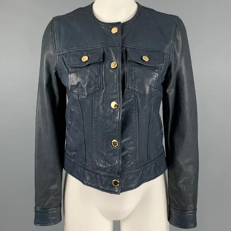 RALPH LAUREN Size 2 Navy Leather Trucker Jacket Insulated Jacket Fitted Jacket Loose Jacket