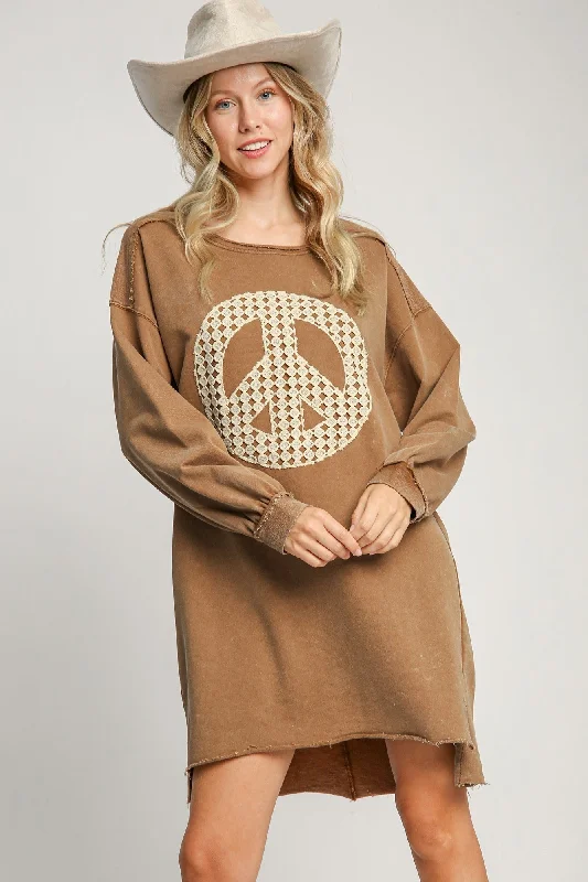 Umgee Solid Color French Terry Dress with Peace Sign Applique in Camel