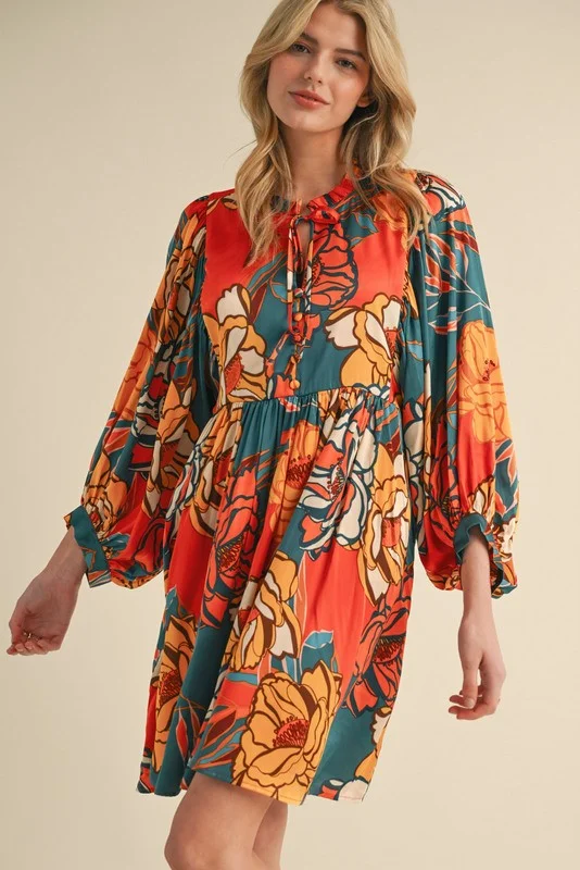 Jodifl Floral Print Satin Dress in Rust