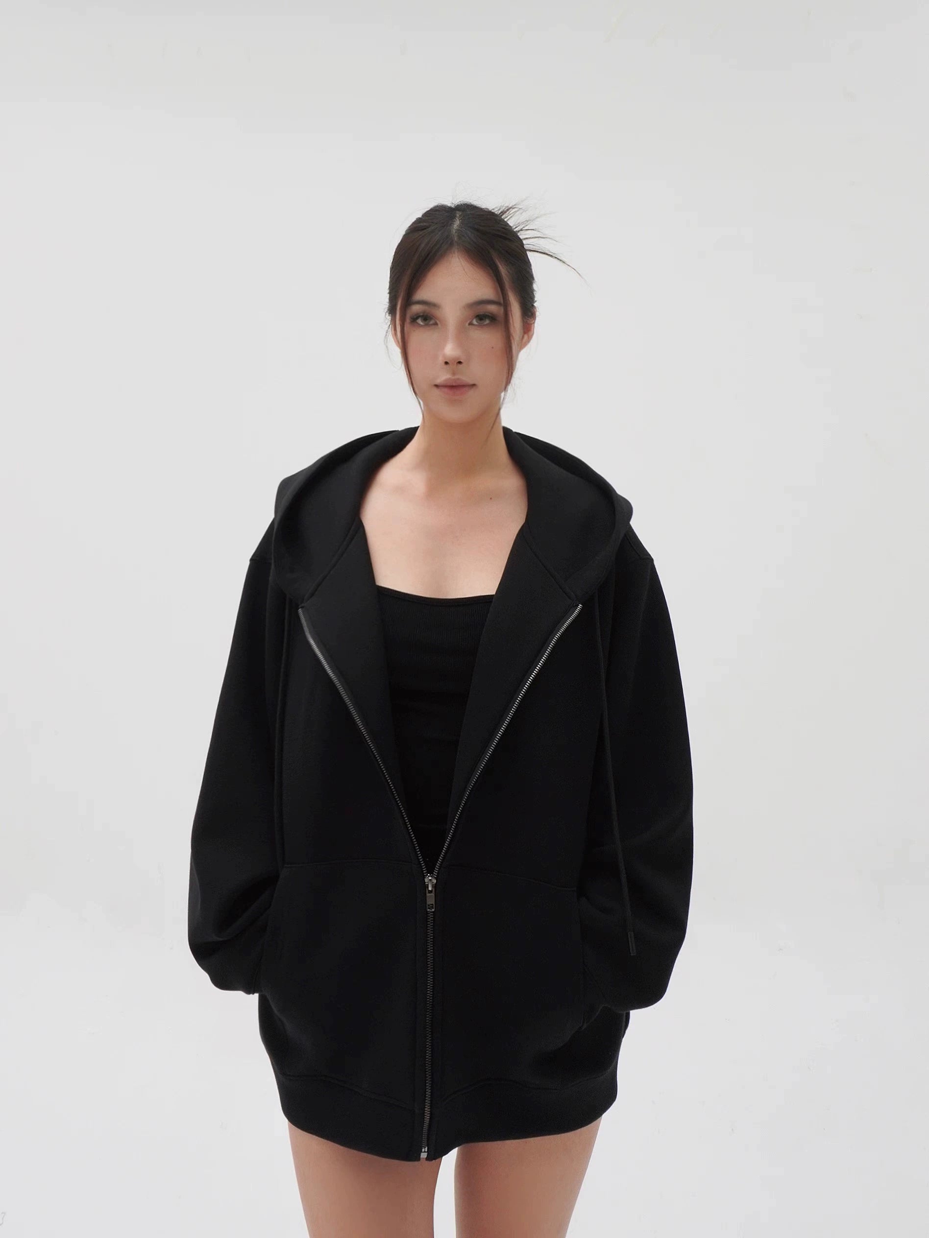 Loose Fit Hooded Zip-Up Sweatshirt Jacket Nylon Jacket Polyester Jacket Spandex Jacket