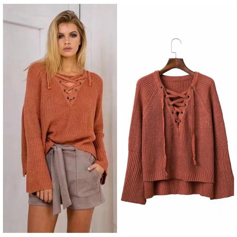 Sexy Cross Bandage Loose Knitting Sweaters Zippered Front Buttoned Front Snap Front