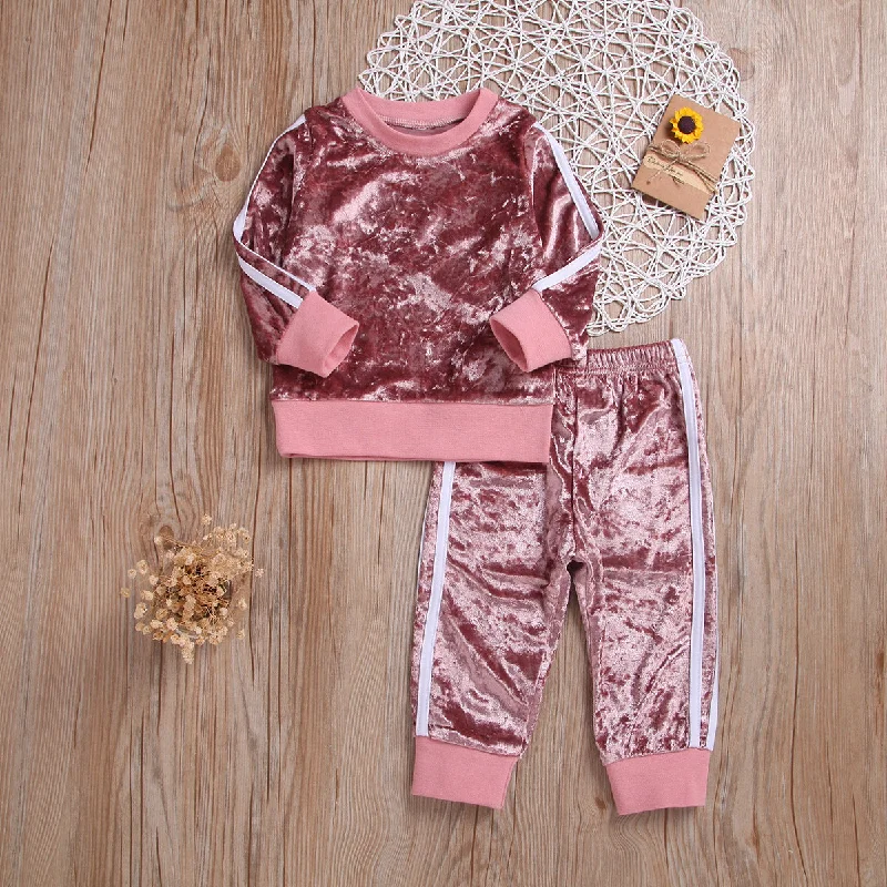 Breathable Clothes Set Cute Fashion O-Neck Long Sleeve Gold Velvet Sweatshirt Trousers Soft Outfits Baby Girls Tracksuit Sets Trousers Capri Summer