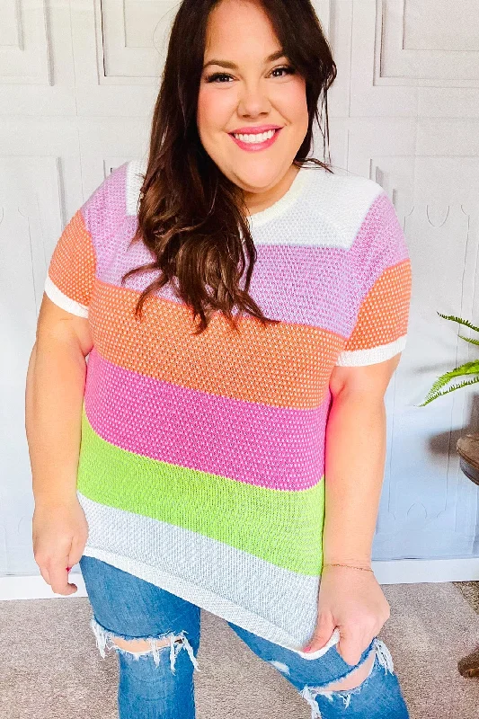 Haptics Get Started Lavender & Orange Stripe Jacquard Sweater Top Anti-Pilling Anti-Shrink Durable