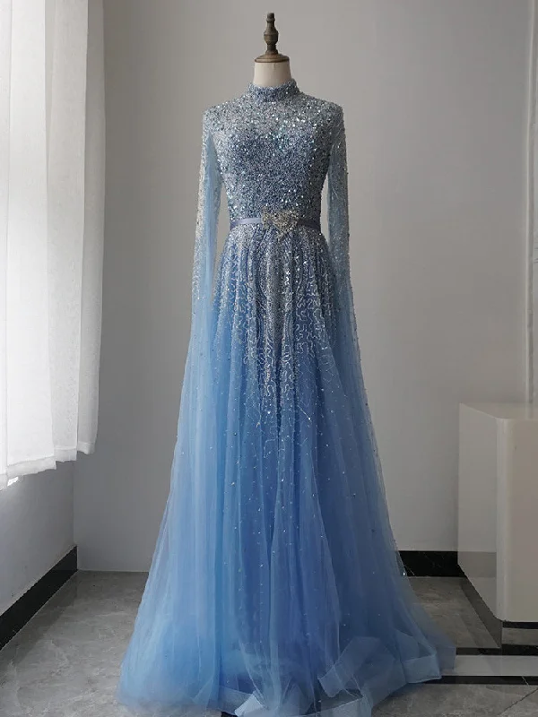 luxurious A-Line High Neck Blue Prom Dress Long Sleeve Beaded Evening Dresses GKF011