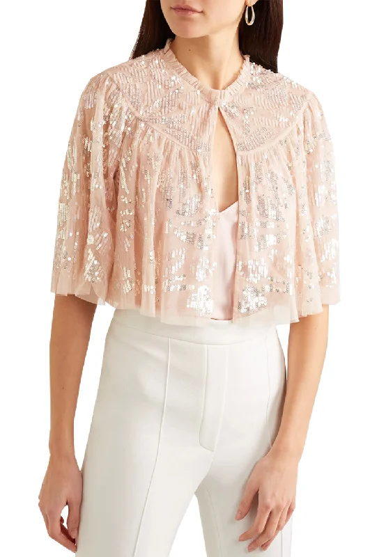 Pink Cropped Sequins Tulle Cape Jacket Insulated Jacket Fitted Jacket Loose Jacket