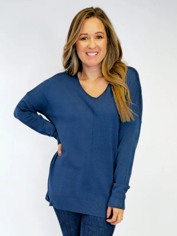 LONG SLEEVE V-NECK HI/LO SWEATER - DARK TEAL Stylish Fashionable Trendy