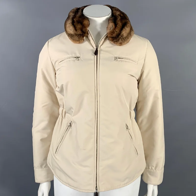 AGNONA Size 10 Cream Polyester Removable Fur Collar Zip Up Jacket Boat Neck Shawl Collar Notched Collar