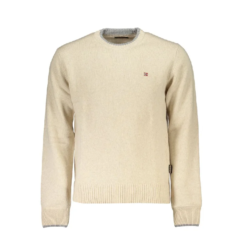 Beige Fabric Men Sweater Notch Collar Peter Pan Collar Cowl Neck