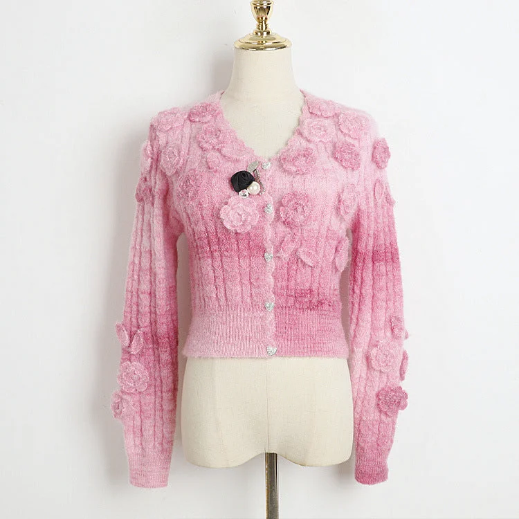 Fashion Lovely 3D Floral Design Short Knitted Sweaters Spandex Blend Rayon Blend Denim Blend