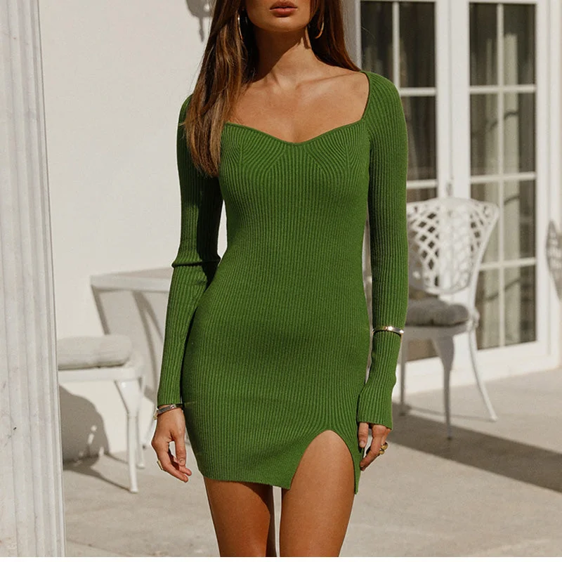 Green Long Sleeve Knitted Dress Elegant Sweetheart Neck Party Autumn Winter Bodycon Sweater Dress Spandex Rayon Corduroy Green Long Sleeve Knitted Dress Elegant Sweetheart Neck Party Autumn Winter Bodycon Sweater Dress Spandex Rayon Corduroy