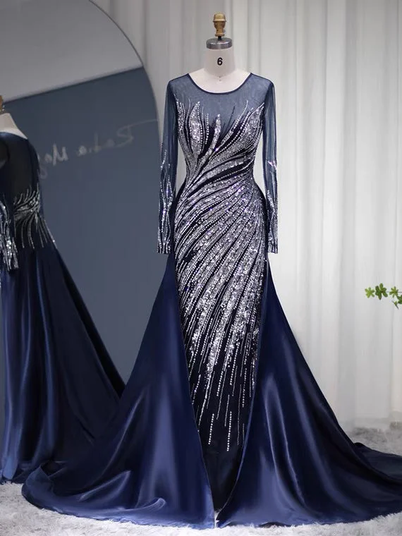 Luxury Mermaid Long Sleeve Prom Dress Beaded Evening Gowns #OPS008