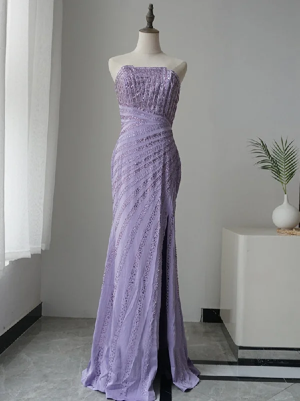 Mermaid Strapless Lilac Luxury Long Prom Dress Beaded Evening Gowns GKF002