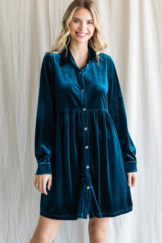 Jodifl Solid Color Velvet Button-up Baby Doll Dress in Teal