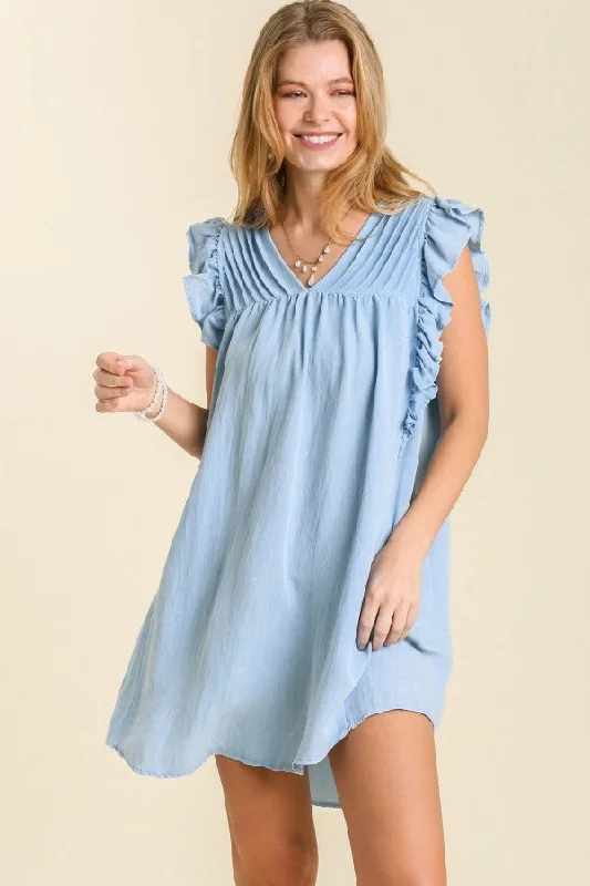 Umgee Snow Washed Dress with Pleated Details in Light Denim Blue Color -FINAL SALE