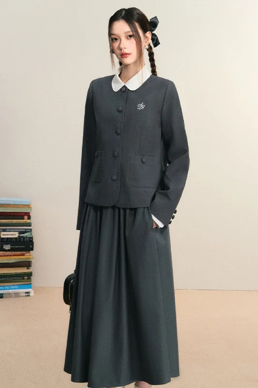 Classic Charcoal Duo - Collarless Jacket and Midi Skirt Set V-Neck Jacket Boat Neck Jacket Square Neck Jacket Classic Charcoal Duo - Collarless Jacket and Midi Skirt Set V-Neck Jacket Boat Neck Jacket Square Neck Jacket