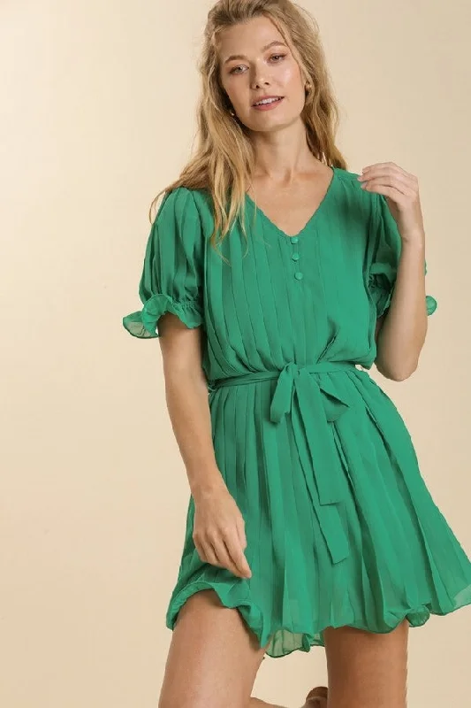 Umgee Short Pleated Dress with Ruffled Sleeves in Kelly Green FINAL SALE