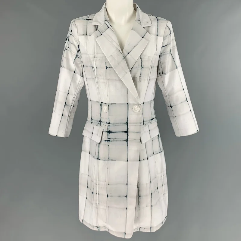 SIMON CHANG Size 6 White Grey Polyester Blend Squares Jacket Cotton Fabric Linen Fabric Terry Fabric