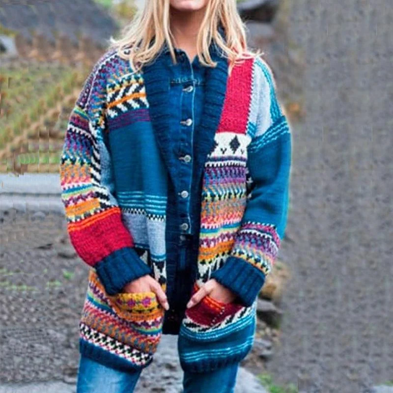 Blue Women Knitting Fall Sweaters with Pocket Wool Fabric Cashmere Fabric Tweed Fabric