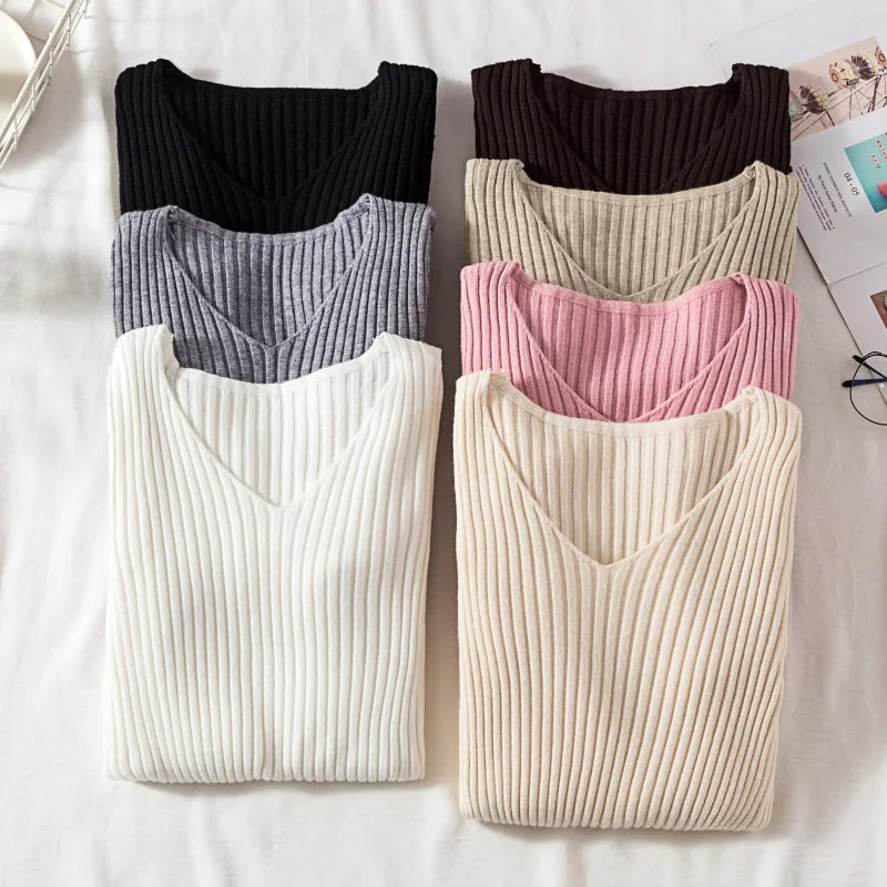 Autumn Winter Women Sweaters Casual Long Sleeve Knitted V Neck Pullover Sweater Femme Basic Solid Jersey Tops Fashion Clothes Turtleneck Warm Pullover