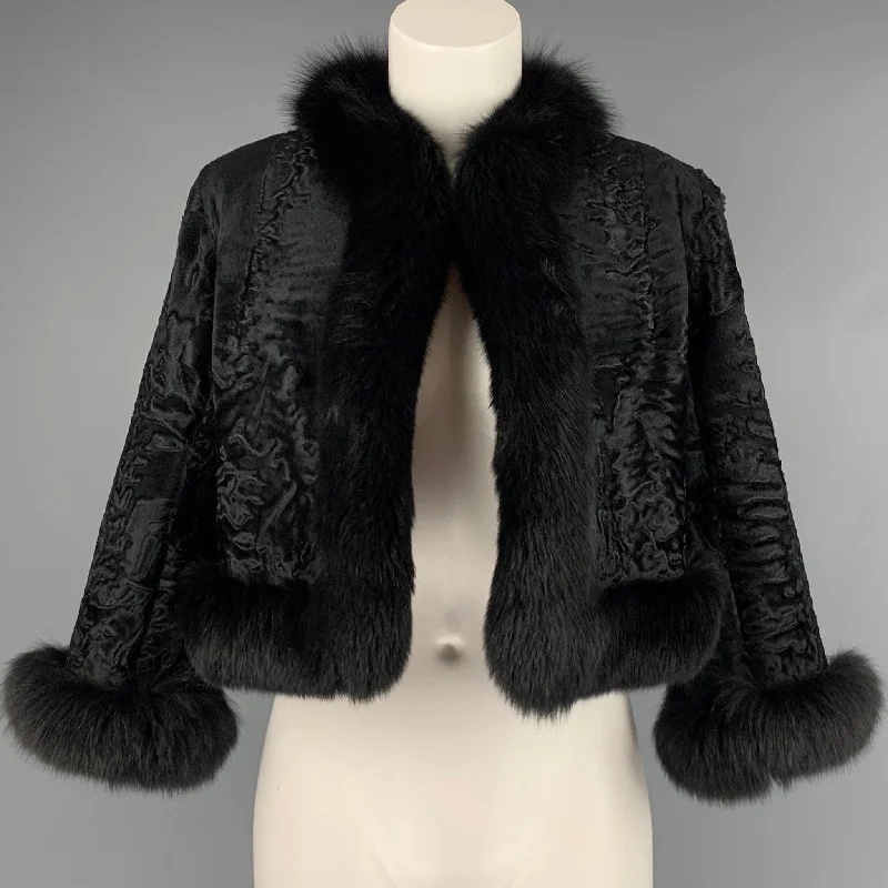TRILOGY Size M Black Persian Lamb Cropped Jacket Wool Fabric Cashmere Fabric Tweed Fabric