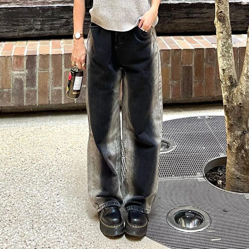 Women'S Fashion Casual Color Blocking Straight Leg Loose Denim Trousers Trousers Cargo Utility