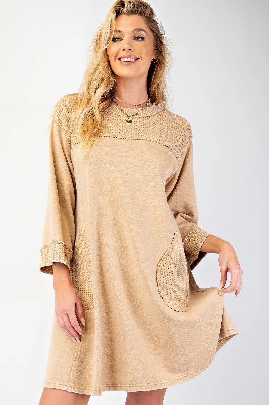 Easel Mineral Washed Terry Knit and Thermal Dress in Khaki