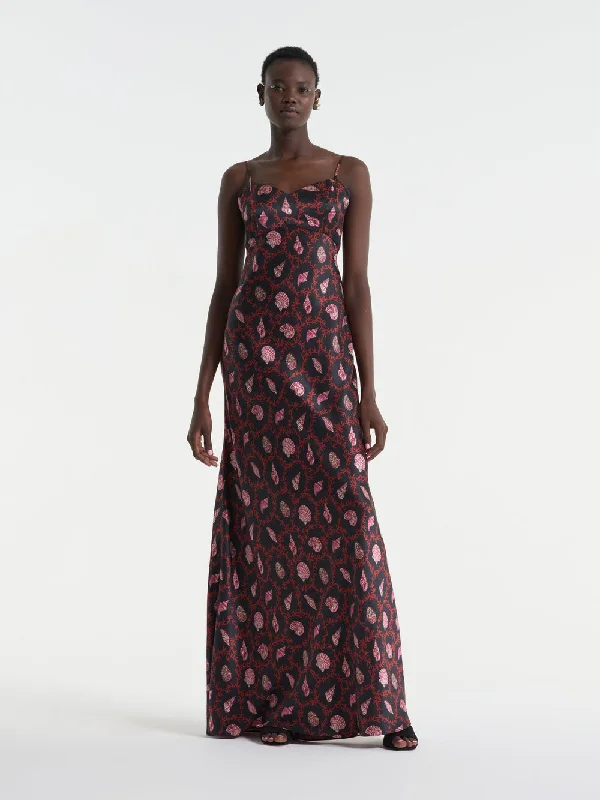 Saloni Mimi Long Dress In Coral Noir
