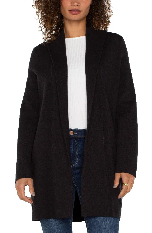 LONG SLEEVE OPEN FRONT SHAWL SWEATER COAT - BLACK Anti-Pilling Anti-Shrink Durable