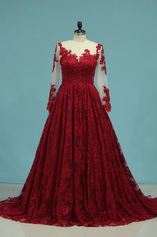 Evening Dress A Line Prom Dresses Scoop Court Train Lace Long Sleeves