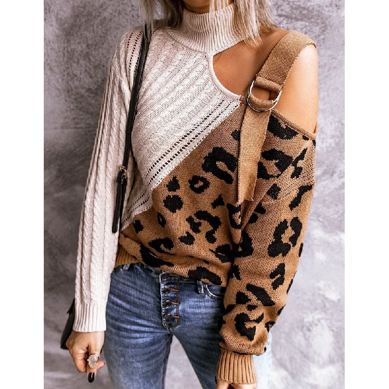 New Leopard High Neck Women Fall Sweaters Notch Collar Peter Pan Collar Cowl Neck